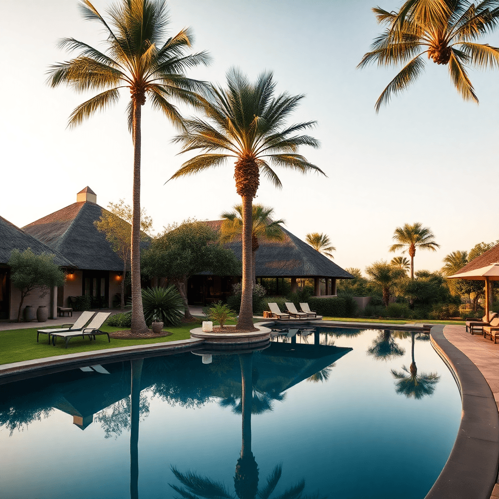 luxury african resort with pool and palm trees